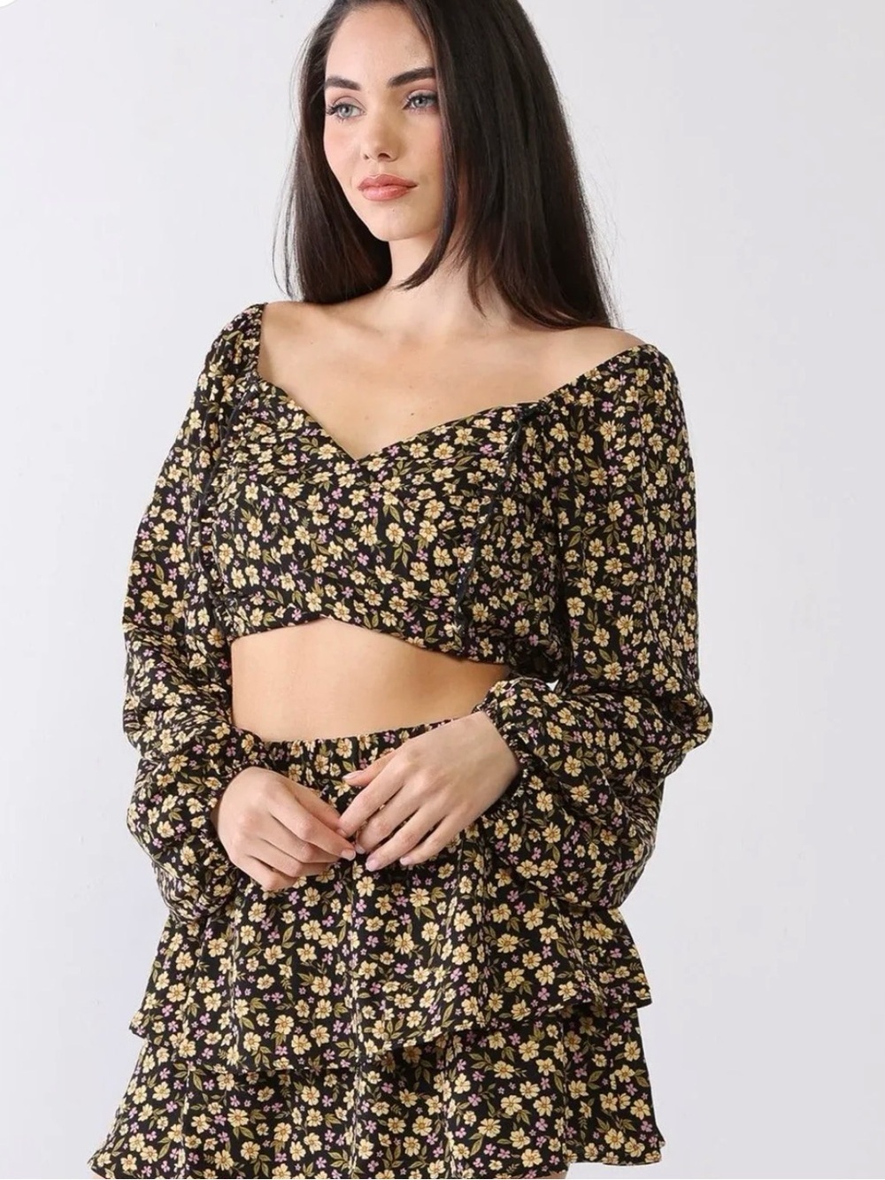 New Le Lis XS floral balloon sleeve floral crop cottagecore milkmaid boho top
